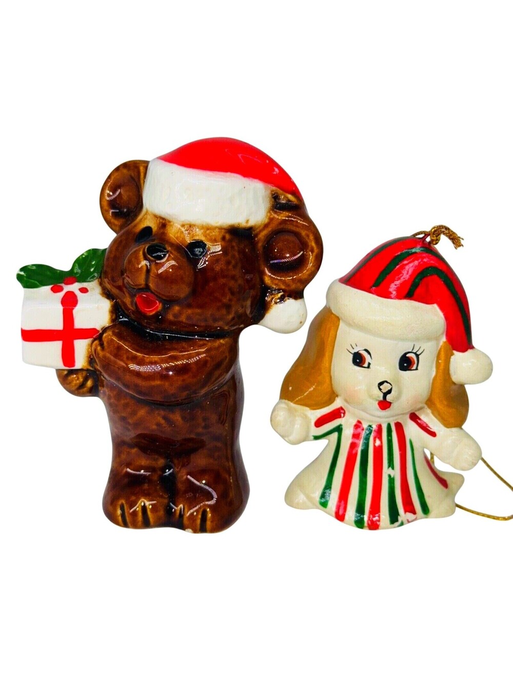 2 Vintage Ceramic Christmas Santa Bear Dog Ornament Figurine Lefton Sticker 2"